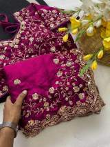 Pure Space Silk With Beautiful Original Golden Beeds Work with Cut work border in Maroon