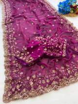 Pure Space Silk With Beautiful Original Golden Beeds Work with Cut work border in Maroon – view 2