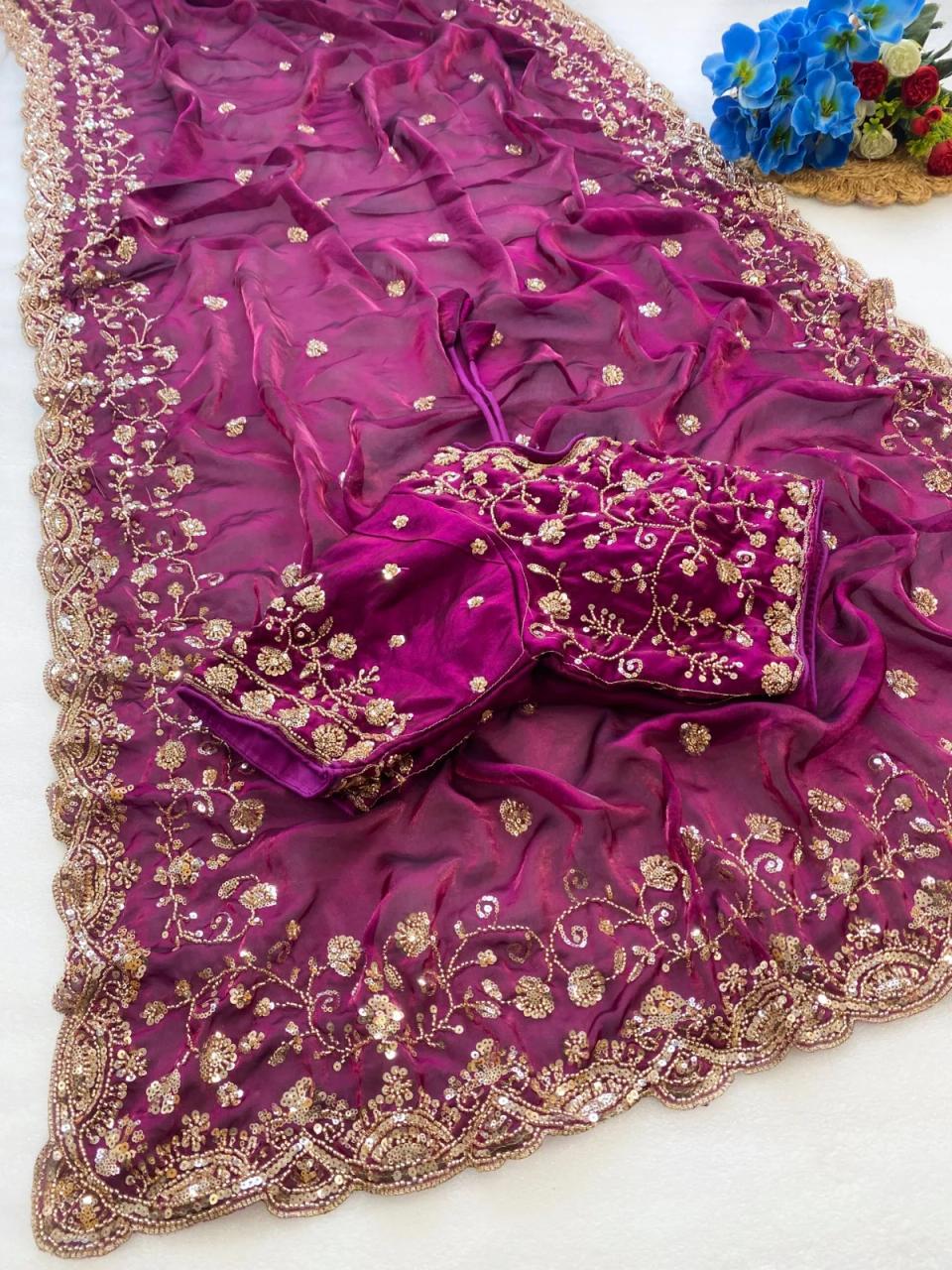 Pure Space Silk With Beautiful Original Golden Beeds Work with Cut work border in Maroon – view 2