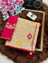 Premium Chinnon Silk Saree with Multi Embroidery, Foil Gotta Patti Work & Heavy Designer Blouse in Cream – view 3