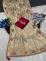 Premium Chinnon Silk Saree with Multi Embroidery, Foil Gotta Patti Work & Heavy Designer Blouse in Cream