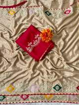 Premium Chinnon Silk Saree with Multi Embroidery, Foil Gotta Patti Work & Heavy Designer Blouse in Cream – view 2