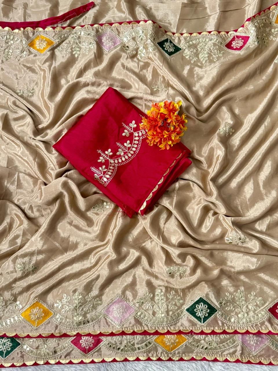 Premium Chinnon Silk Saree with Multi Embroidery, Foil Gotta Patti Work & Heavy Designer Blouse in Cream – view 2