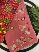 Organza Silk Saree with Bandhani Printed Contrast Blouse & Floral Pearl Embroidery Work in Pink – view 2