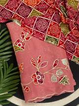 Organza Silk Saree with Bandhani Printed Contrast Blouse & Floral Pearl Embroidery Work in Pink
