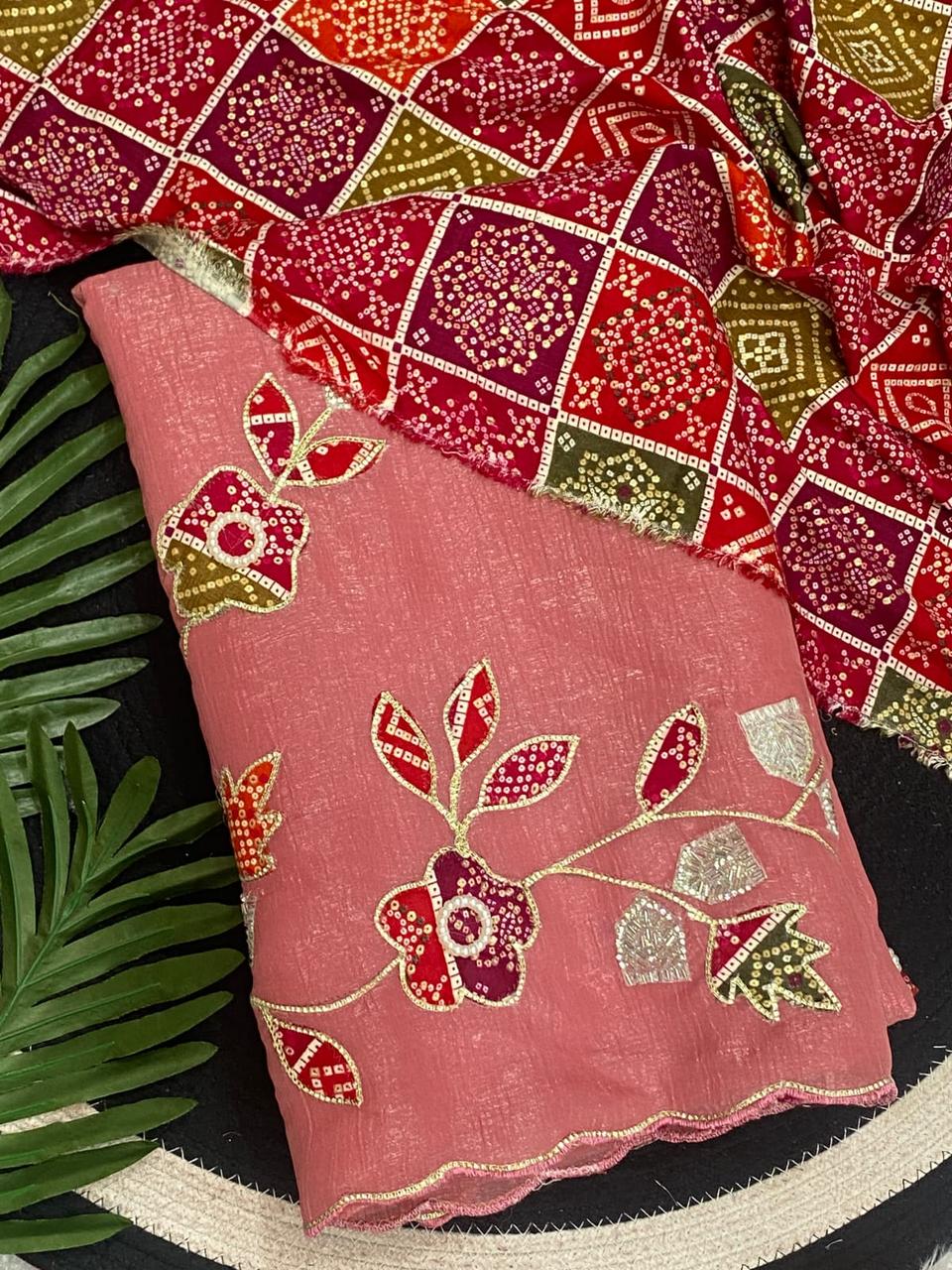 Organza Silk Saree with Bandhani Printed Contrast Blouse & Floral Pearl Embroidery Work in Pink