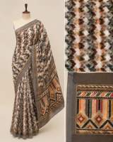 Grey & Multicolor Printed Linen Saree with Tribal Geometric Border & Matching Blouse Piece in Brown – view 3