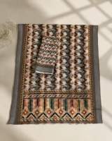 Grey & Multicolor Printed Linen Saree with Tribal Geometric Border & Matching Blouse Piece in Brown – view 5