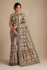 Grey & Multicolor Printed Linen Saree with Tribal Geometric Border & Matching Blouse Piece in Brown – view 2