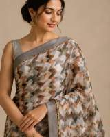 Grey & Multicolor Printed Linen Saree with Tribal Geometric Border & Matching Blouse Piece in Brown