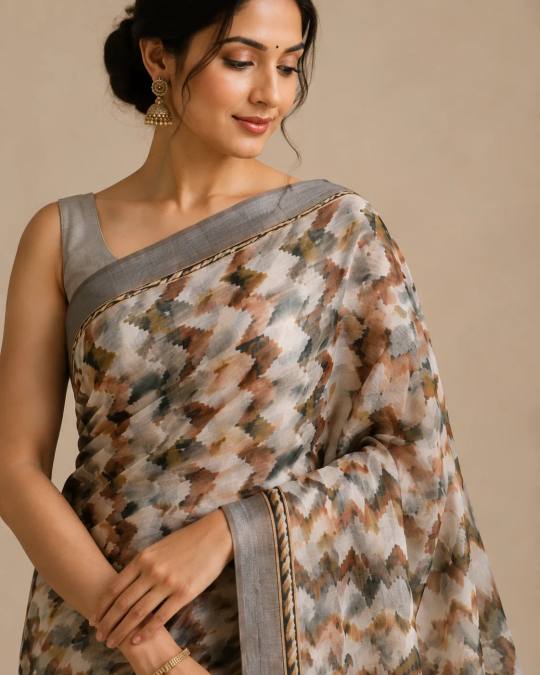 Grey & Multicolor Printed Linen Saree with Tribal Geometric Border & Matching Blouse Piece in Brown