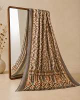 Grey & Multicolor Printed Linen Saree with Tribal Geometric Border & Matching Blouse Piece in Brown – view 4
