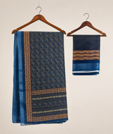 Indigo Blue Linen Cotton Saree with Floral Block Print & Geometric Border in Nevy Blue – view 4