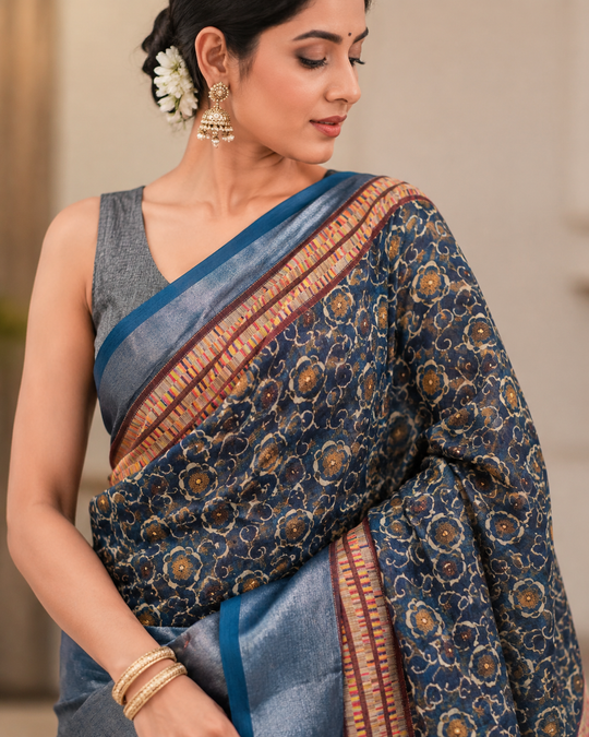 Indigo Blue Linen Cotton Saree with Floral Block Print & Geometric Border in Nevy Blue