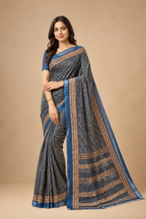 Indigo Blue Linen Cotton Saree with Floral Block Print & Geometric Border in Nevy Blue – view 2