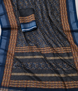 Indigo Blue Linen Cotton Saree with Floral Block Print & Geometric Border in Nevy Blue – view 3