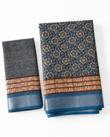 Indigo Blue Linen Cotton Saree with Floral Block Print & Geometric Border in Nevy Blue – view 5