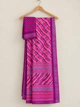 Pink Printed Linen Saree with Blouse Piece | Lightweight Ethnic Wear in Purple – view 5