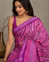 Pink Printed Linen Saree with Blouse Piece | Lightweight Ethnic Wear in Purple