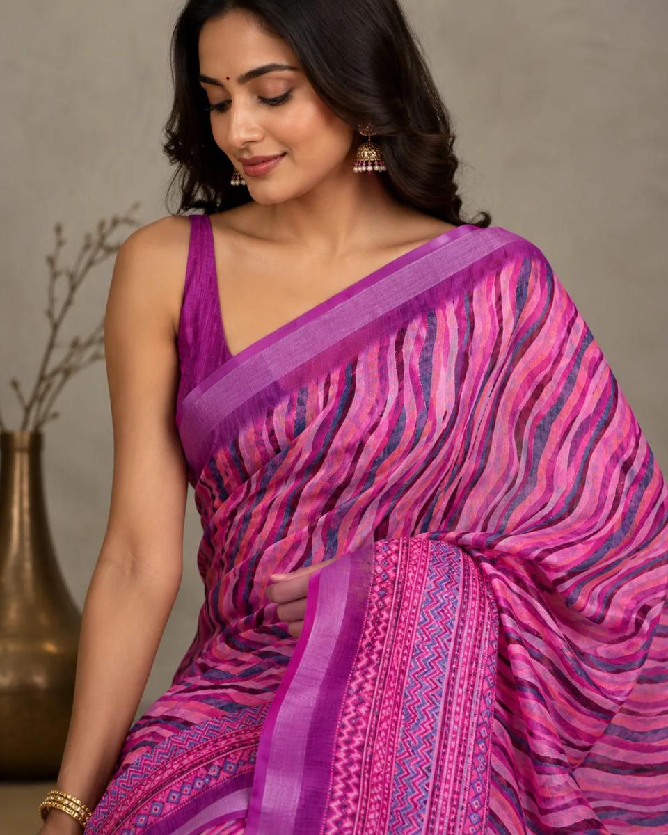 Pink Printed Linen Saree with Blouse Piece | Lightweight Ethnic Wear in Purple