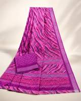 Pink Printed Linen Saree with Blouse Piece | Lightweight Ethnic Wear in Purple – view 3