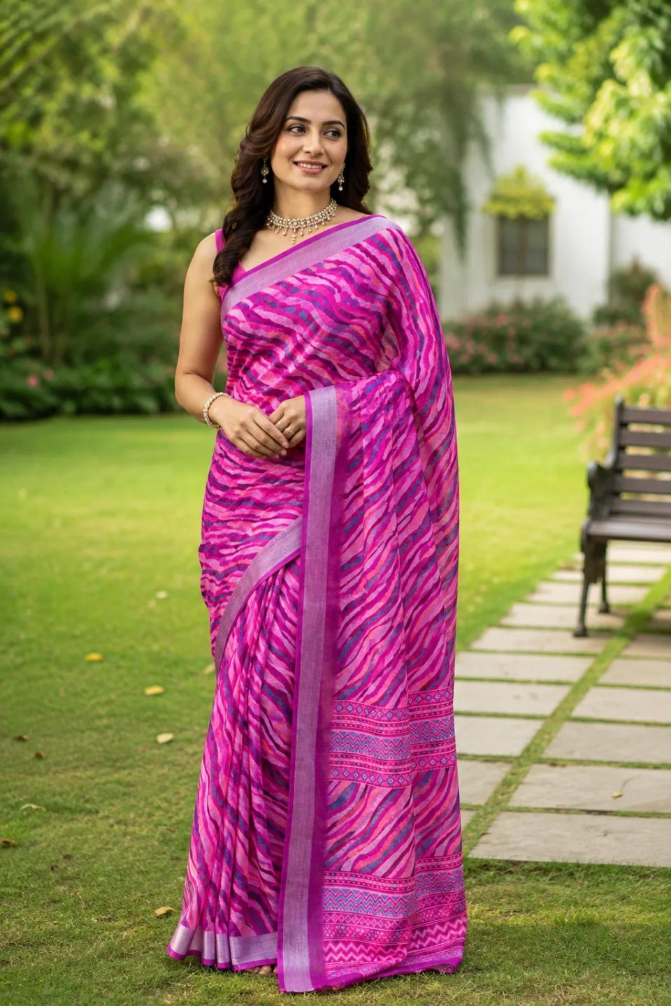 Pink Printed Linen Saree with Blouse Piece | Lightweight Ethnic Wear in Purple – view 2
