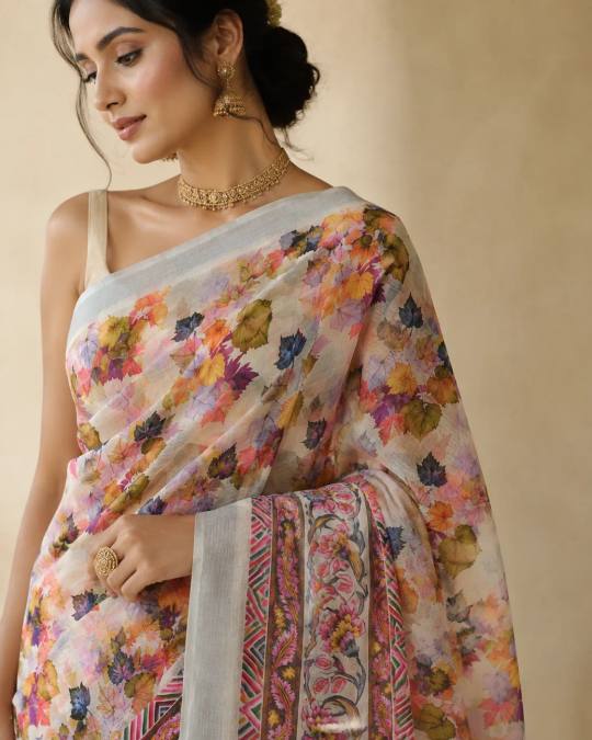 Multicolor Floral Leaf Printed Pure Linen Saree with Kalamkari Style Border in Cream