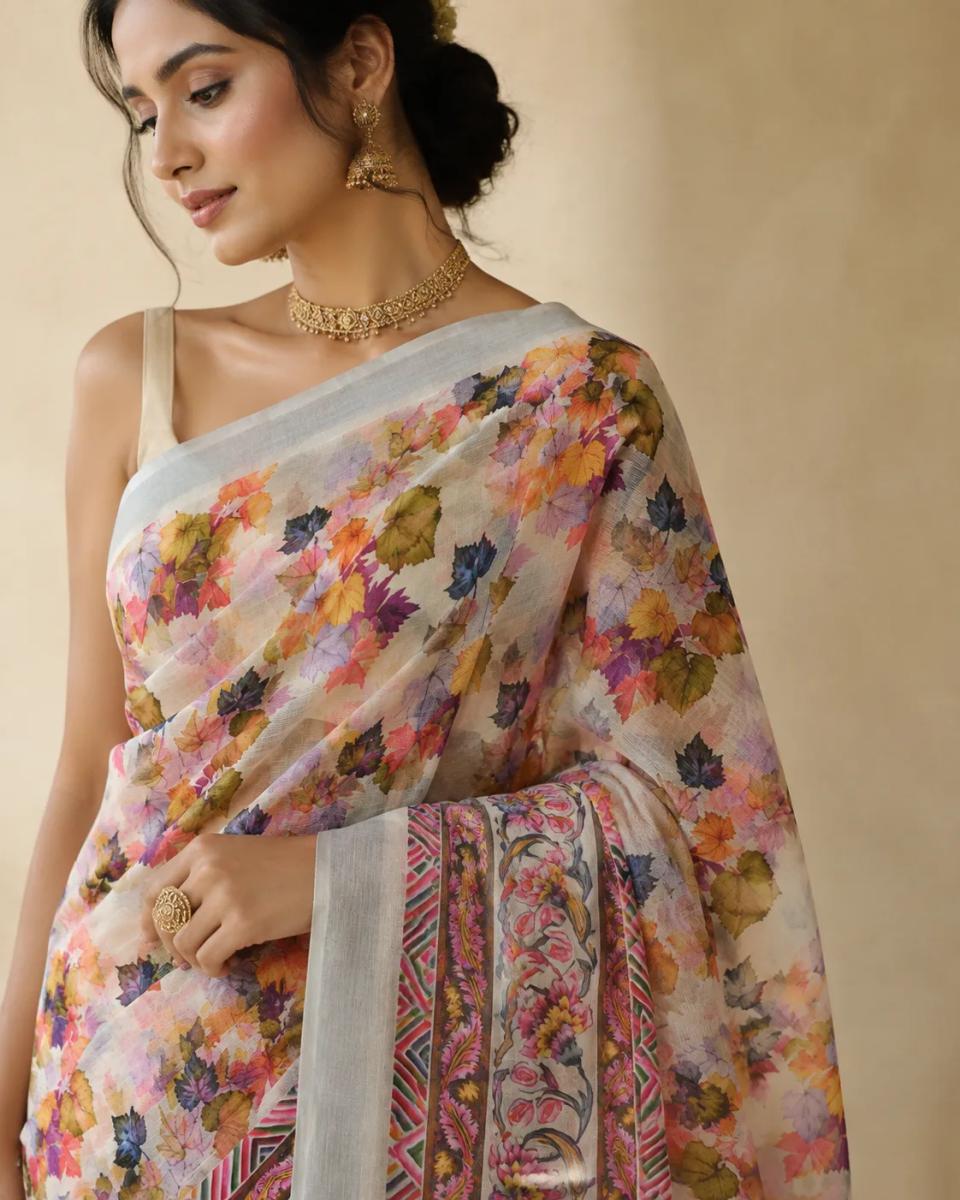 Multicolor Floral Leaf Printed Pure Linen Saree with Kalamkari Style Border in Cream