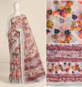 Multicolor Floral Leaf Printed Pure Linen Saree with Kalamkari Style Border in Cream – view 3