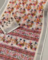 Multicolor Floral Leaf Printed Pure Linen Saree with Kalamkari Style Border in Cream – view 4