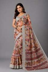 Multicolor Floral Leaf Printed Pure Linen Saree with Kalamkari Style Border in Cream – view 2