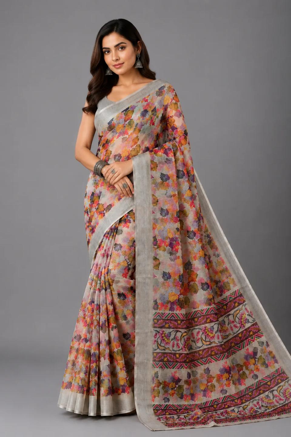 Multicolor Floral Leaf Printed Pure Linen Saree with Kalamkari Style Border in Cream – view 2