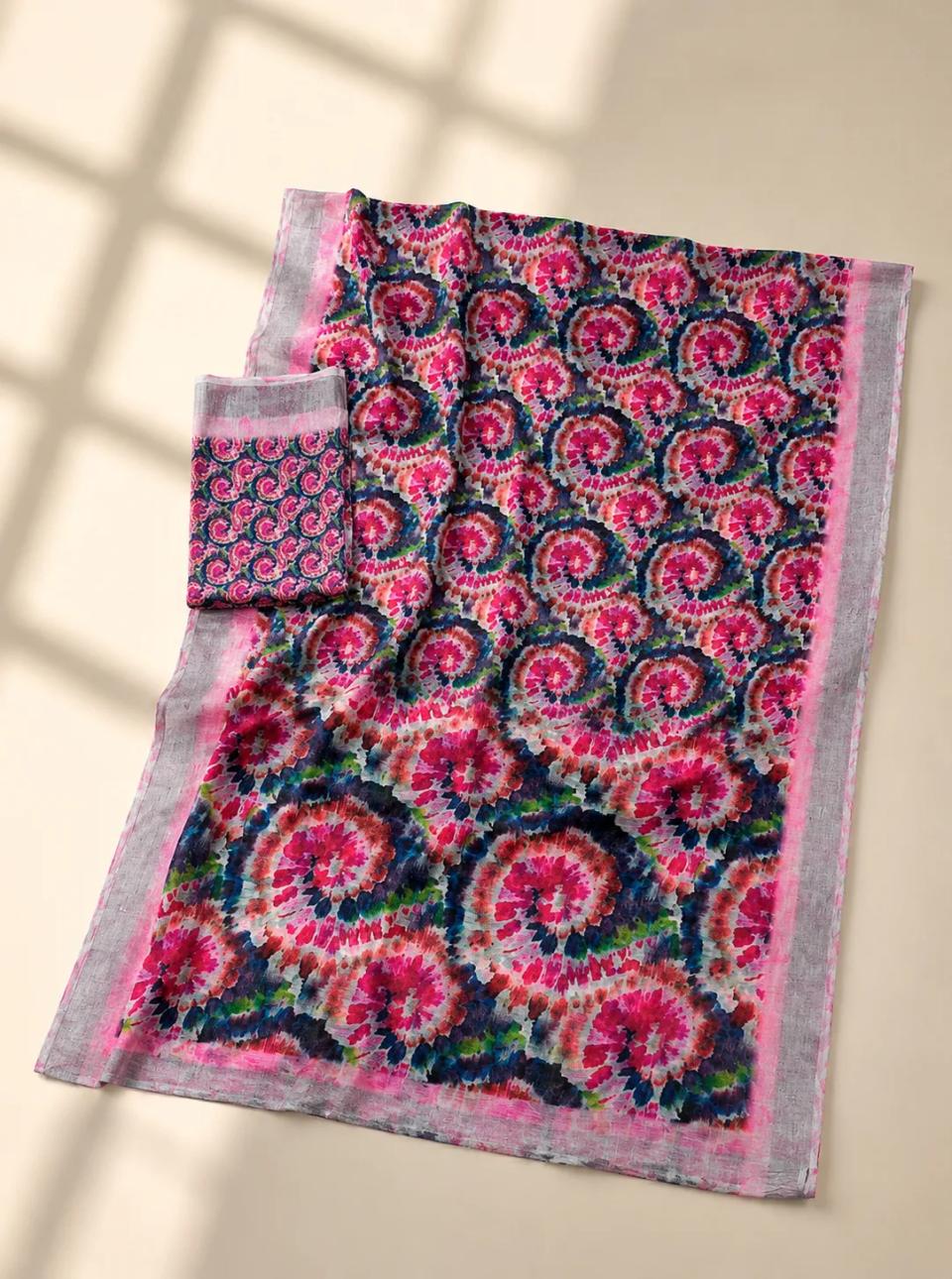 Vibrant Pink & Multicolour Shibori Printed Pure Linen Saree with Blouse Piece – view 2