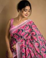Vibrant Pink & Multicolour Shibori Printed Pure Linen Saree with Blouse Piece
