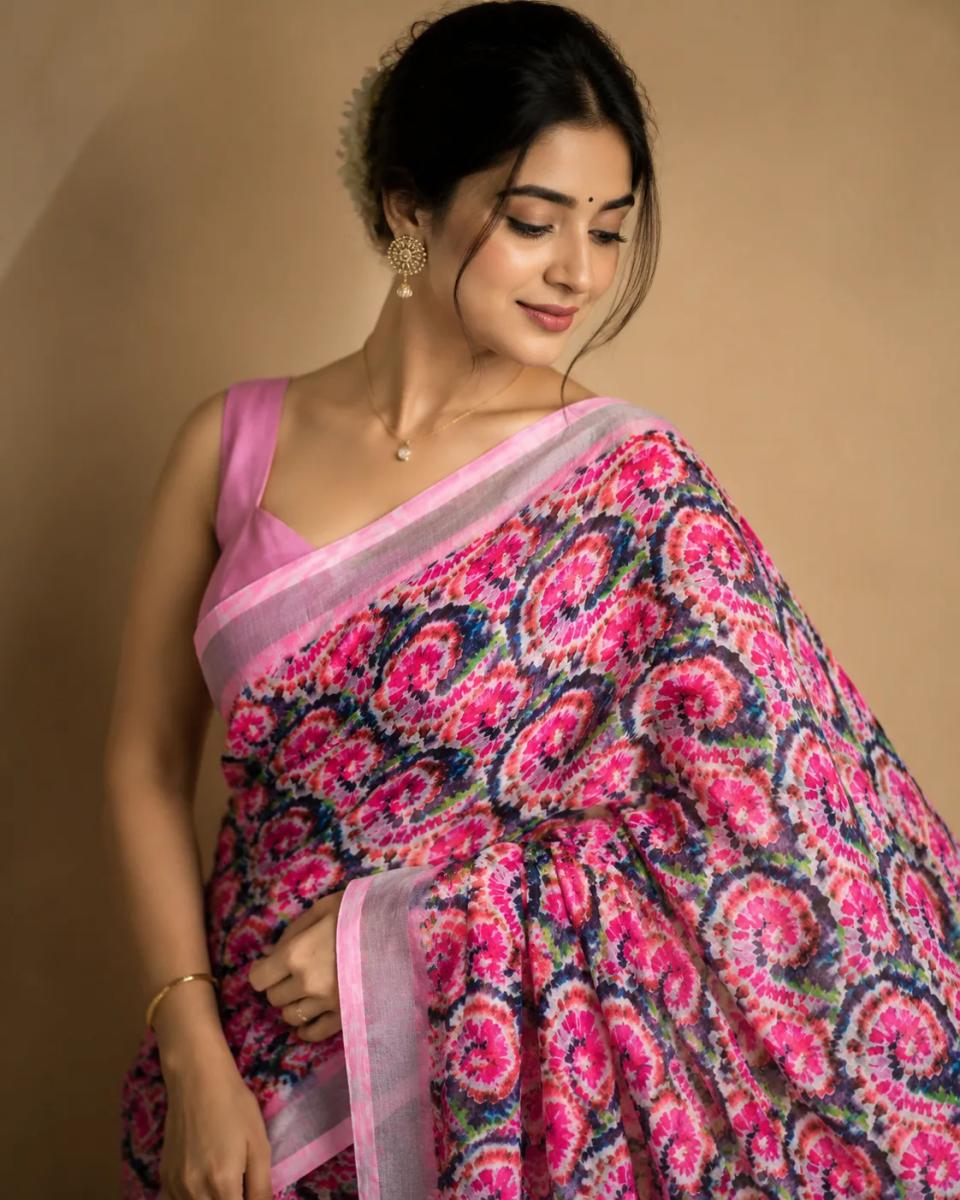 Vibrant Pink & Multicolour Shibori Printed Pure Linen Saree with Blouse Piece