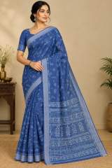 Royal Blue Block Printed Pure Linen Saree with Contrast Pallu & Blouse Piece – view 3