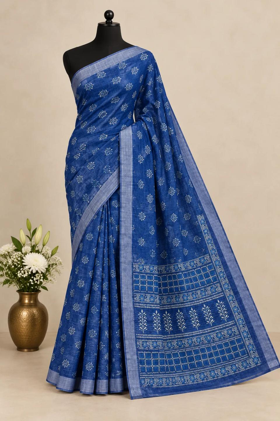 Royal Blue Block Printed Pure Linen Saree with Contrast Pallu & Blouse Piece – view 2