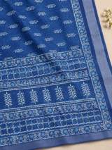 Royal Blue Block Printed Pure Linen Saree with Contrast Pallu & Blouse Piece – view 5