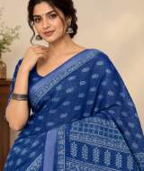 Royal Blue Block Printed Pure Linen Saree with Contrast Pallu & Blouse Piece
