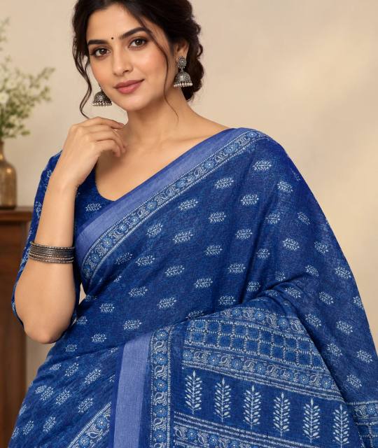 Royal Blue Block Printed Pure Linen Saree with Contrast Pallu & Blouse Piece
