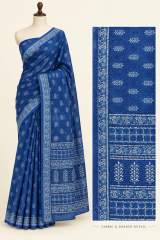 Royal Blue Block Printed Pure Linen Saree with Contrast Pallu & Blouse Piece – view 4