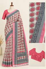 Off-White & Pink Printed Linen Saree with Contrast Polka Dot Blouse Piece – view 3