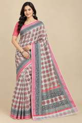 Off-White & Pink Printed Linen Saree with Contrast Polka Dot Blouse Piece – view 2