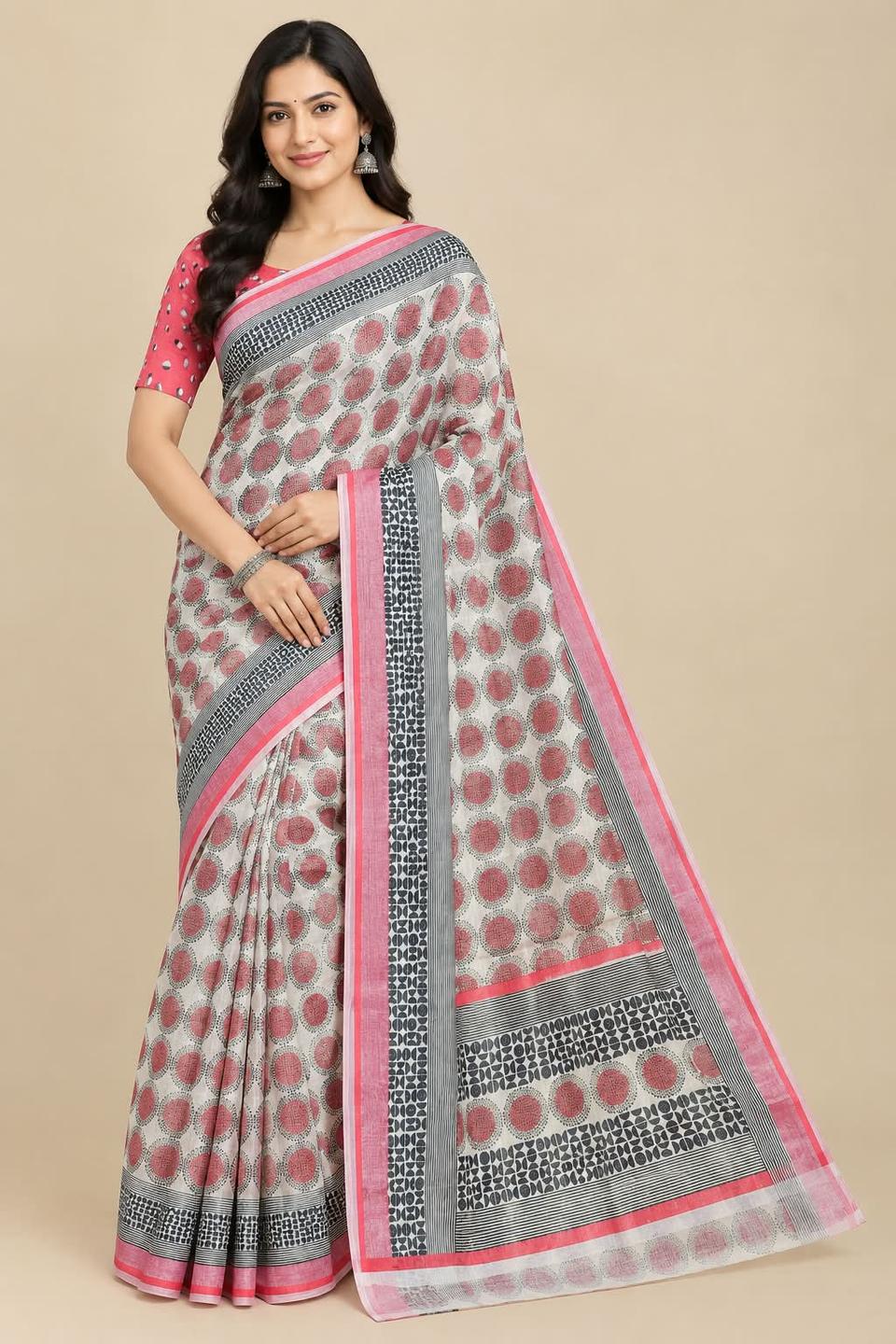 Off-White & Pink Printed Linen Saree with Contrast Polka Dot Blouse Piece – view 2