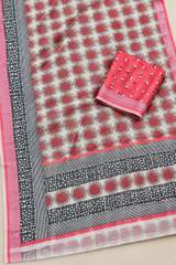 Off-White & Pink Printed Linen Saree with Contrast Polka Dot Blouse Piece – view 4
