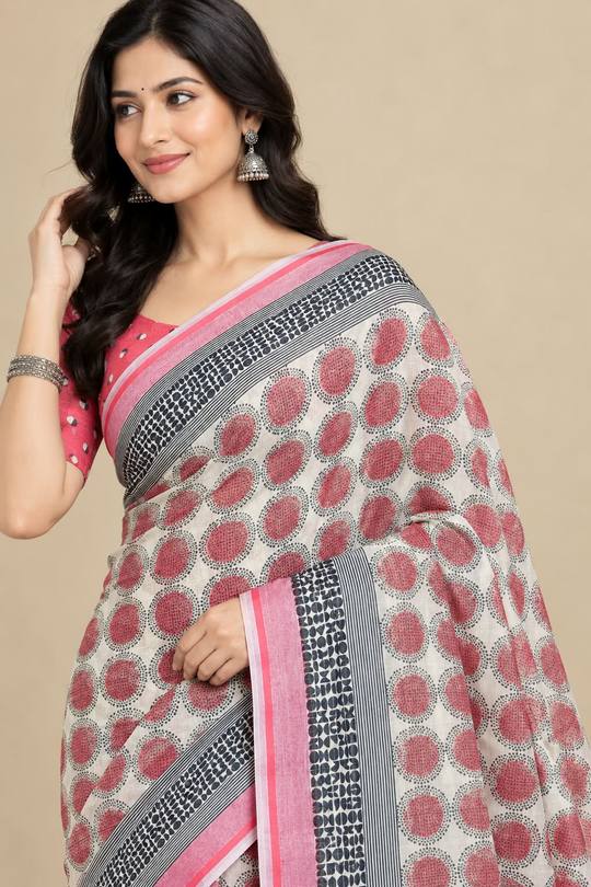 Off-White & Pink Printed Linen Saree with Contrast Polka Dot Blouse Piece