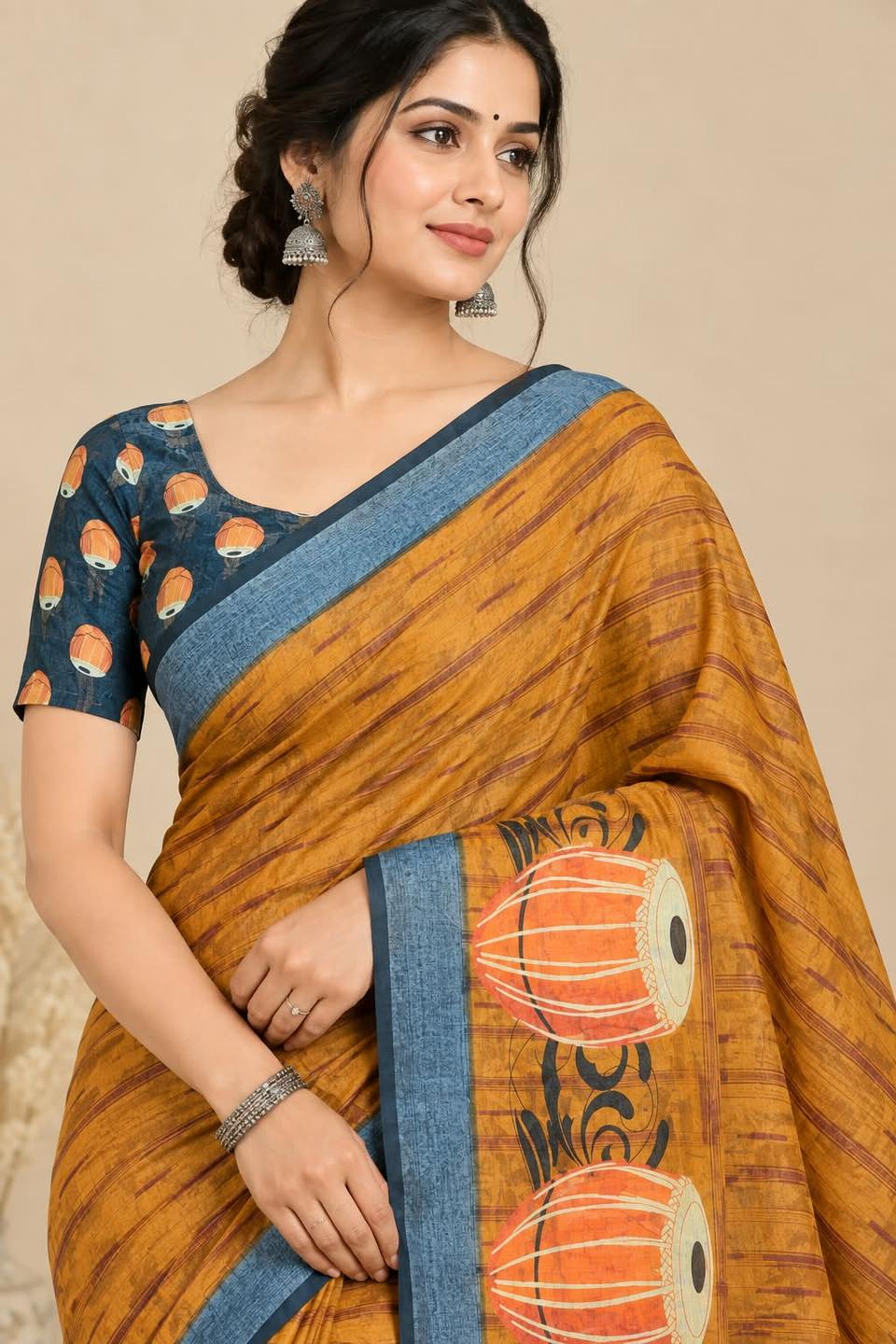 Mustard Yellow Linen Saree with Musical Instrument Motif & Slate Blue Printed Blouse Piece in Orange