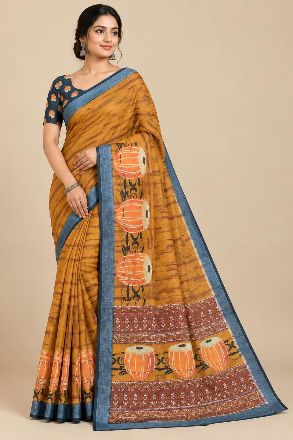 Mustard Yellow Linen Saree with Musical Instrument Motif & Slate Blue Printed Blouse Piece in Orange – view 2