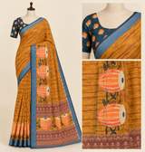 Mustard Yellow Linen Saree with Musical Instrument Motif & Slate Blue Printed Blouse Piece in Orange – view 3