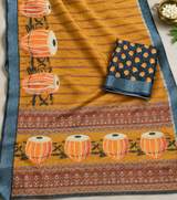 Mustard Yellow Linen Saree with Musical Instrument Motif & Slate Blue Printed Blouse Piece in Orange – view 4